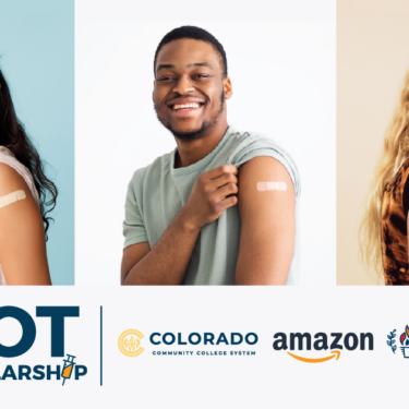 Three vaccinated college students showing their bandaids - "Shot at a Scholarship" with CCCS, Foundation, and Amazon logo