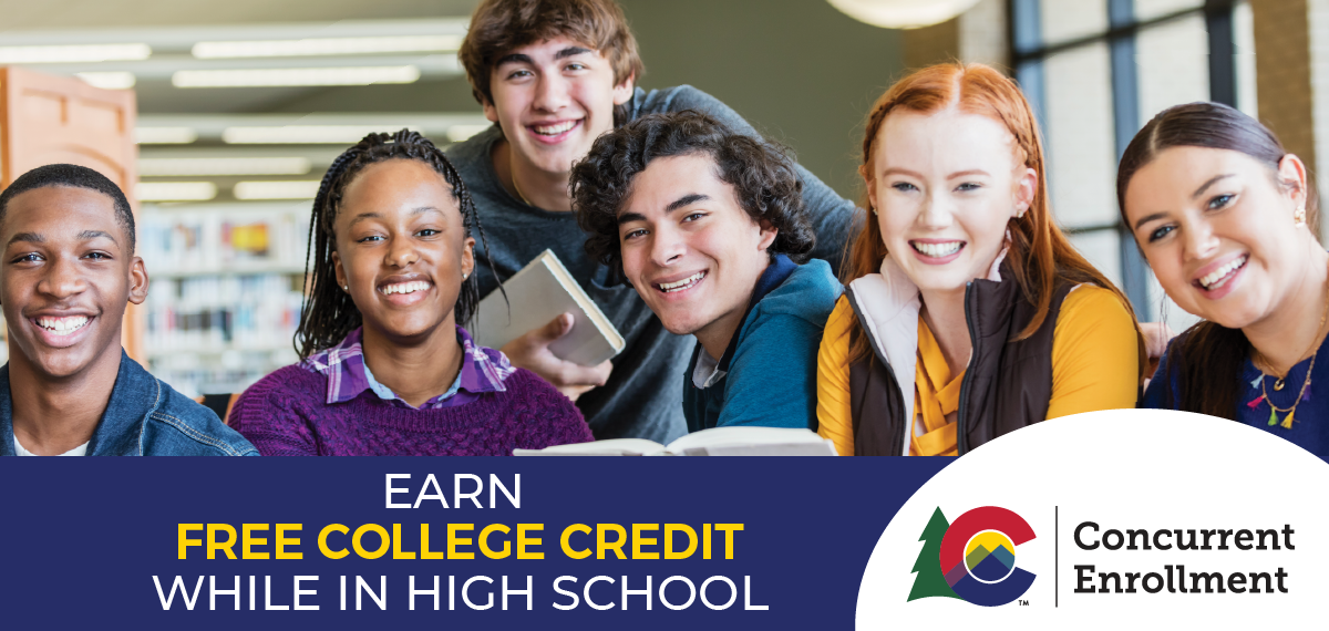 Six diverse smiling students "Earn free college credit while in high school.
