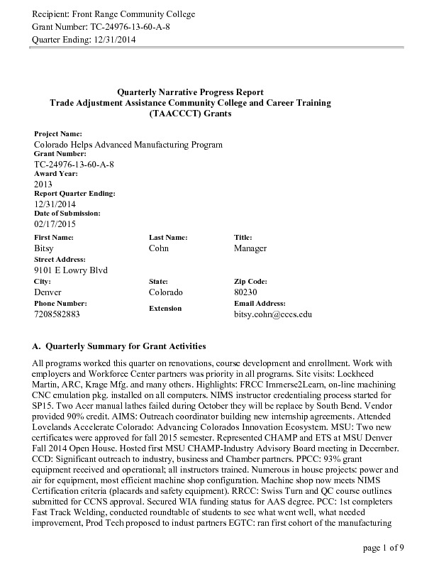 CHAMP Y2 Q1 Program DOL Narrative Report ending December 2014 PDF
