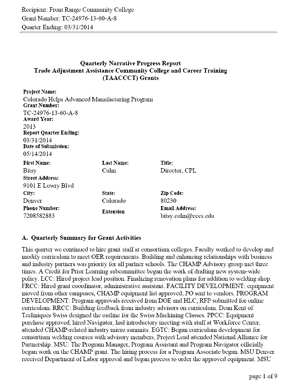 CHAMP Y1 Q2 Program DOL Narrative Report ending March 2014 PDF