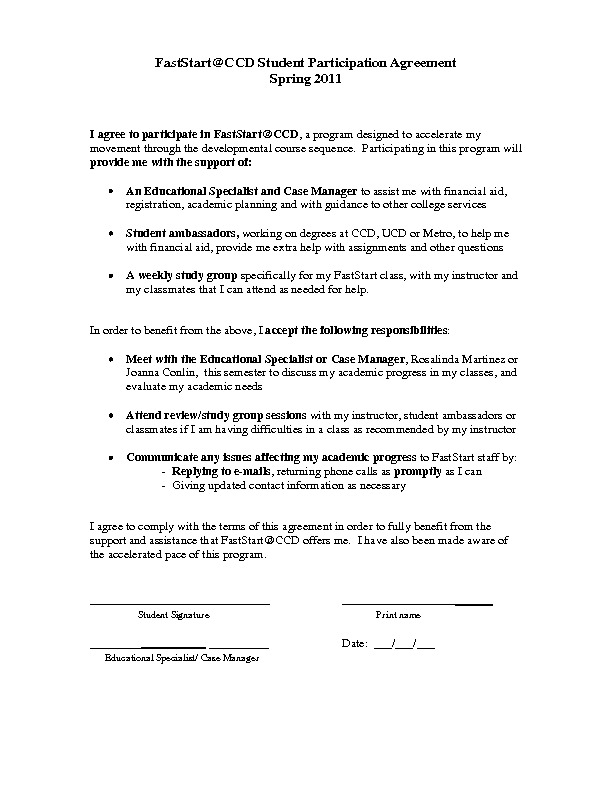 Student Participation Agreement – FastStart@CCD PDF