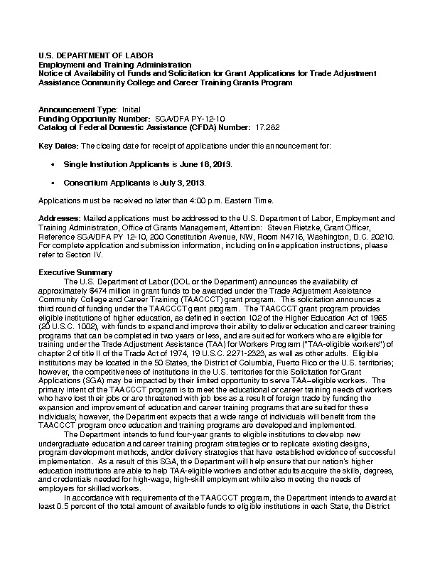 Solicitation for Grant Applications (SGA) for Trade Adjustment PDF